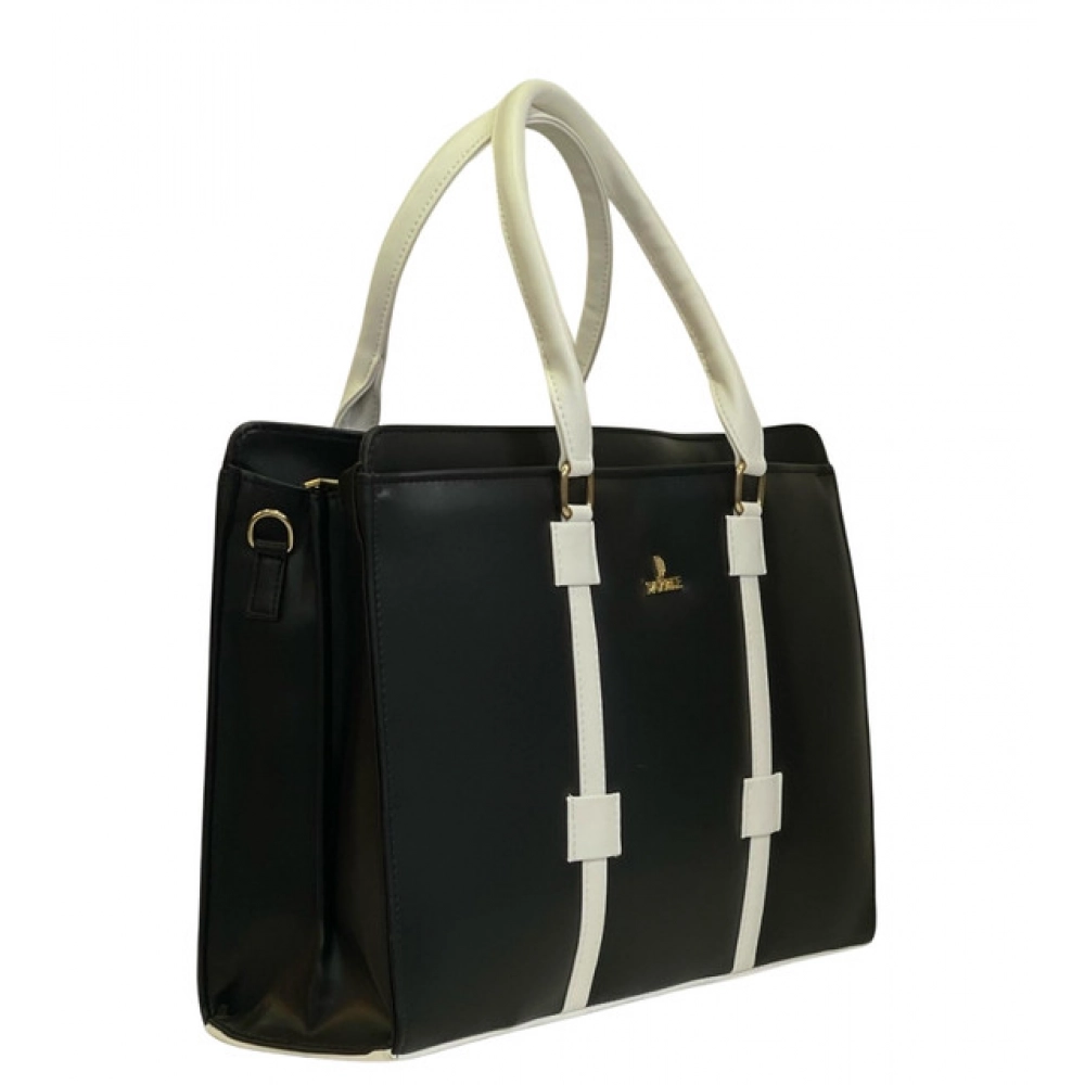 Generic Women's Polyurethane Solid Structured Shoulder Tote Handbag (Black-Cream)