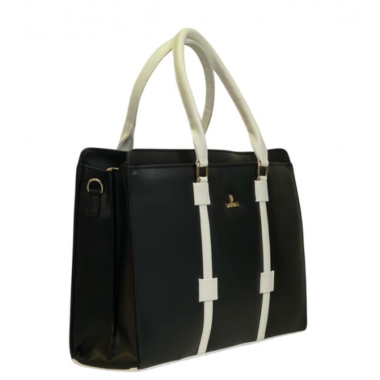 Generic Women's Polyurethane Solid Structured Shoulder Tote Handbag (Black-Cream)