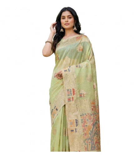 Generic Women's Linen Cotton Printed Saree With Unstitched Blouse 5.5Mtr (Light Green)