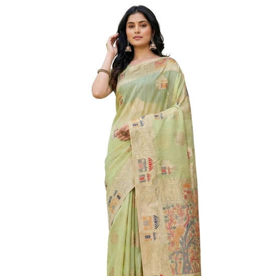 Generic Women's Linen Cotton Printed Saree With Unstitched Blouse 5.5Mtr (Light Green)
