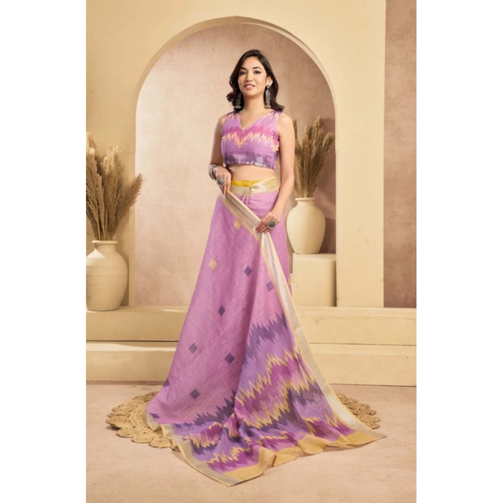 Generic Women's Faux Linen Floral Ready to wear Saree With Unstitched Blouse 5.5Mtr (Lavender)