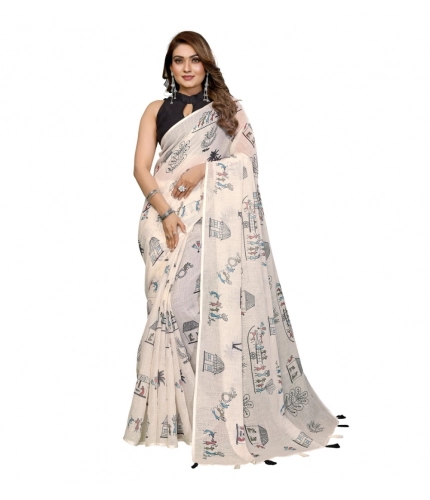 Generic Women's Linen Cotton Printed Saree With Unstitched Blouse 5.5Mtr (Off White)