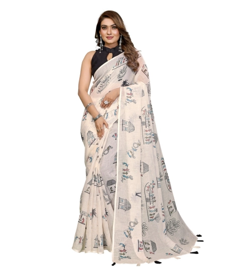 Generic Women's Linen Cotton Printed Saree With Unstitched Blouse 5.5Mtr (Off White) Generic Women's Linen Cotton Printed Saree With Unstitched Blouse 5.5Mtr (Off White)