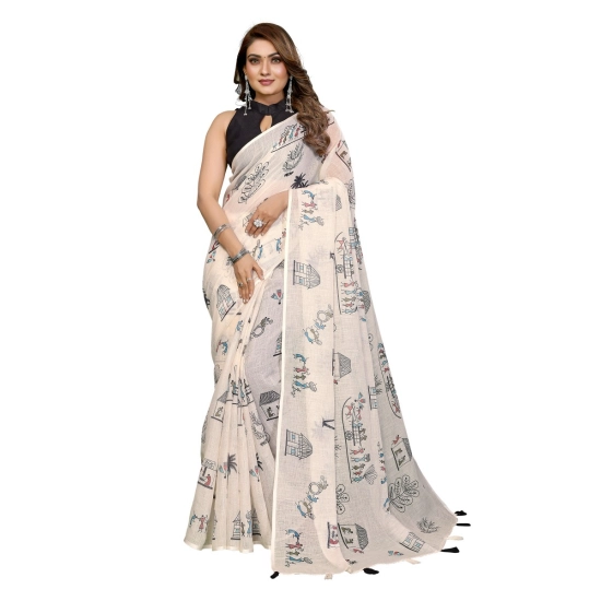 Generic Women's Linen Cotton Printed Saree With Unstitched Blouse 5.5Mtr (Off White)