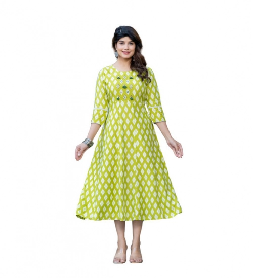Generic Women's Rayon Print With Embroidery Work A-Line Kurti (Parrot)