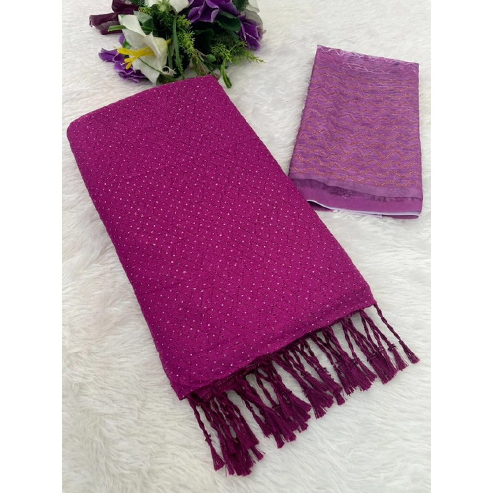 Women's Chiffon Zigzag lines Saree With Unstitched Blouse 5.5Mtr (Pink)