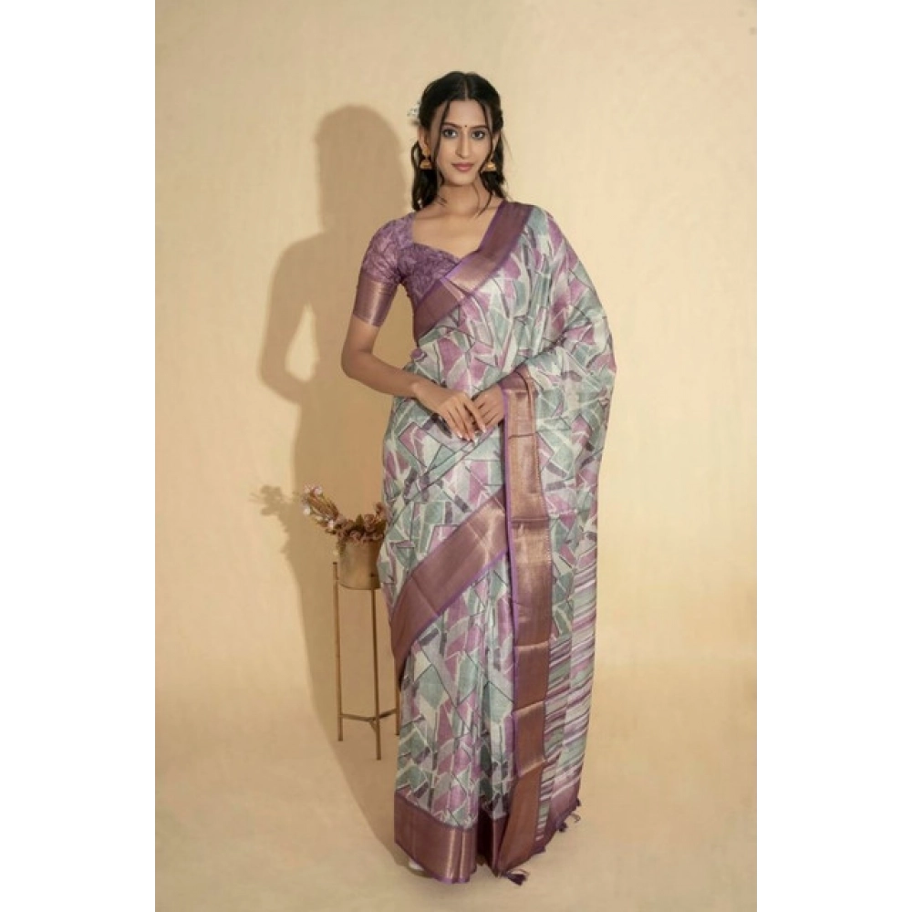Women's Polyester Printed Saree With Unstitched Blouse 5.5 Mtr (Light Purple)