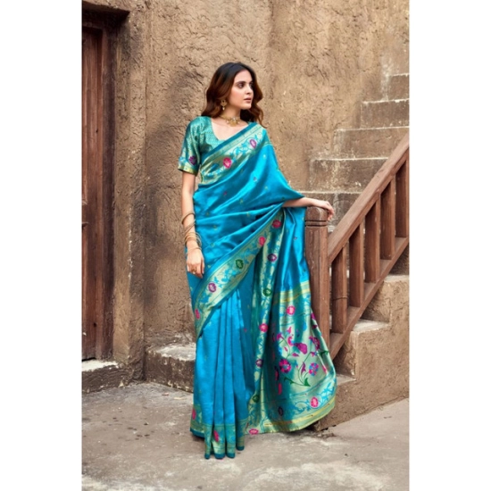 Generic Women's Silk Blend Woven Saree With Unstitched Blouse 5.5 Mtr (Aqua_Blue)