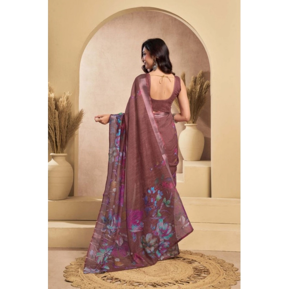 Generic Women's Faux_Linen Printed Ready-to-Wear Saree With Unstitched Blouse 5.5 Mtr (Brown)