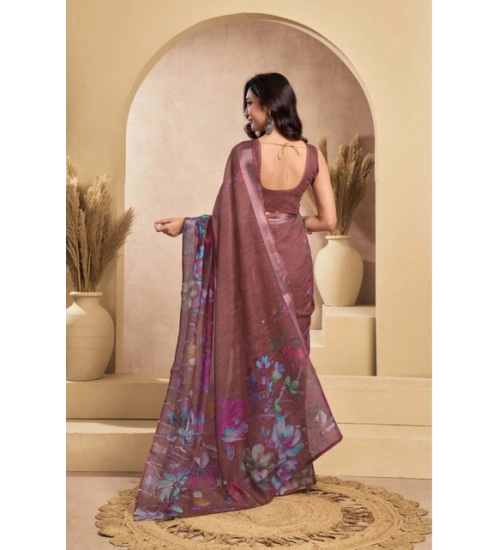 Generic Women's Faux_Linen Printed Ready-to-Wear Saree With Unstitched Blouse 5.5 Mtr (Brown)