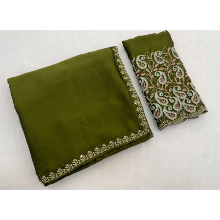 Generic Women's Chiffon Embroidered Saree With Unstitched Blouse 5.5Mtr (Olive Green)