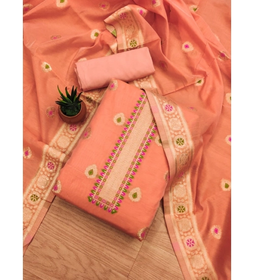 Generic Women's Banarasi Silk Printed Unstitched Salwar Suit Material With Dupatta (Peach, 3Mtrs)