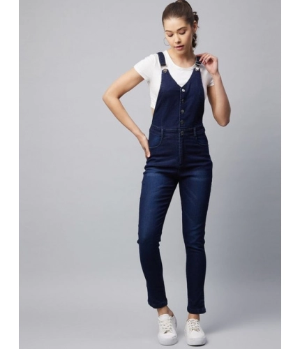 Generic Women's Denim Lycra Solid Buttoned Dungaree (Navy)