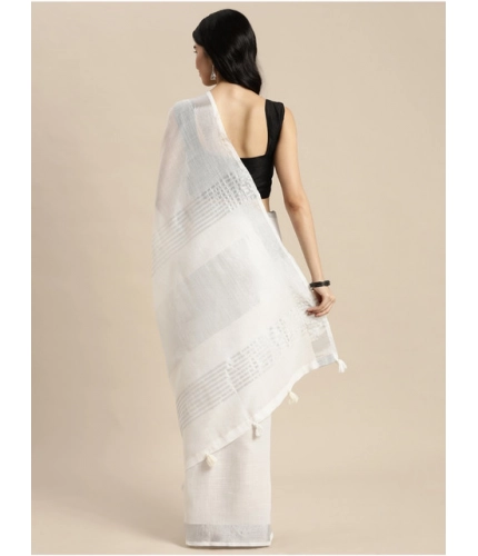 Generic Women's Linen Cotton Printed Saree With Unstitched Blouse 5.5Mtr (White)