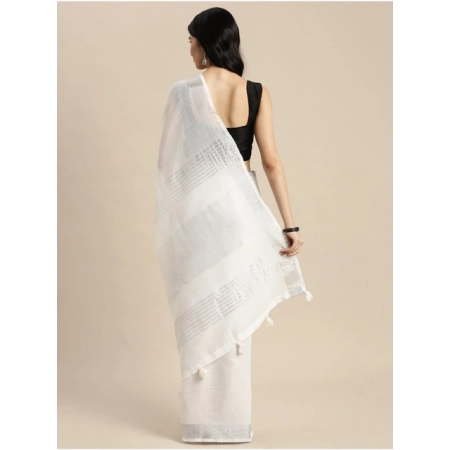 Generic Women's Linen Cotton Printed Saree With Unstitched Blouse 5.5Mtr (White)