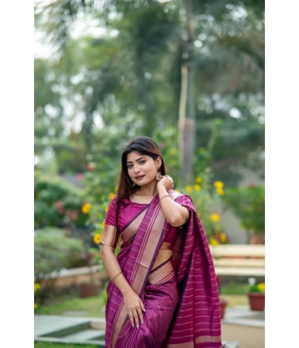 Generic Women's Faux_Banarasi Lining Pattern Saree With Unstitched Blouse 5.5Mtr (Magenta)