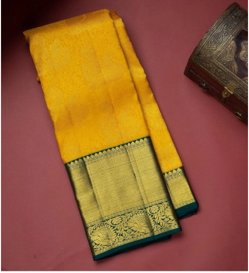 Generic Women's Soft Litchi Silk Jacquard Work Saree With Unstitched Blouse 5.5Mtr (Yellow)