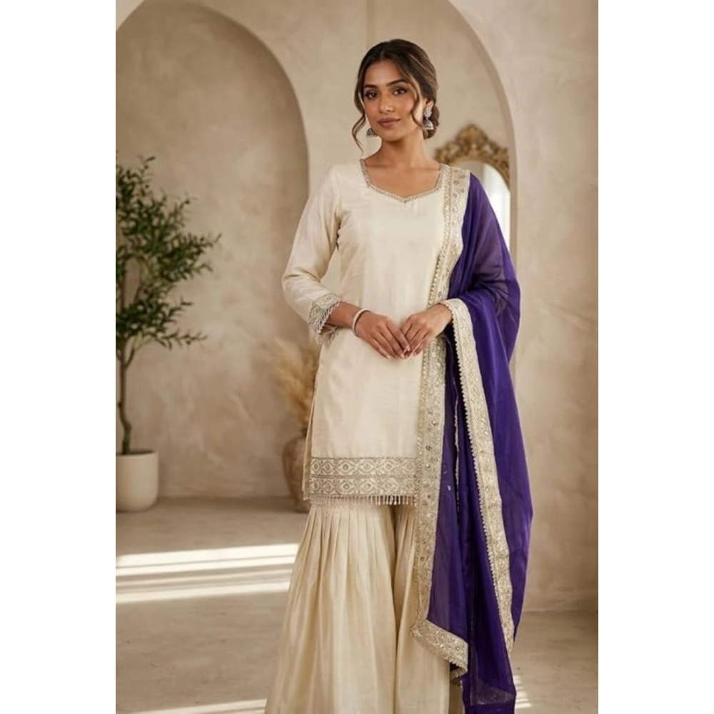 Generic Women's Silk Embroidered 3/4th Sleeve V-Neck Kurti With Sharara Pant and Dupatta Set (Cream & Purple) Generic Women's Silk Embroidered 3/4th Sleeve V-Neck Kurti With Sharara Pant and Dupatta Set (Cream & Purple)