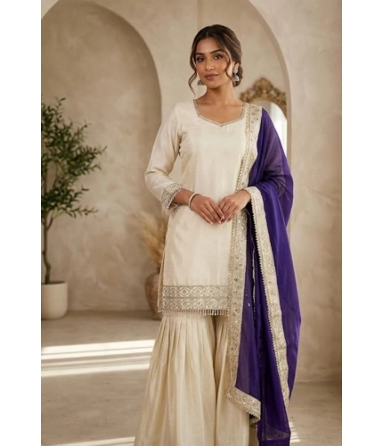 Generic Women's Silk Embroidered 3/4th Sleeve V-Neck Kurti With Sharara Pant and Dupatta Set (Cream &amp; Purple)