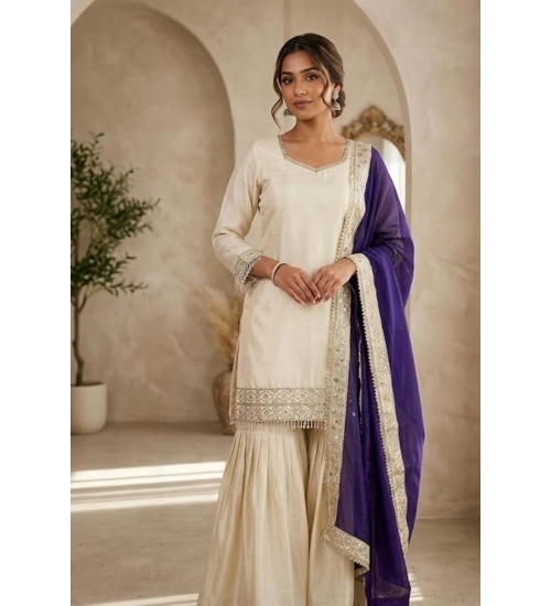 Generic Women's Silk Embroidered 3/4th Sleeve V-Neck Kurti With Sharara Pant and Dupatta Set (Cream & Purple) Generic Women's Silk Embroidered 3/4th Sleeve V-Neck Kurti With Sharara Pant and Dupatta Set (Cream & Purple)