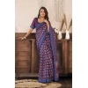 Generic Women's Faux Linen Floral Print Ready to wear Saree With Unstitched Blouse 5.5Mtr (Dark_NavyBlue)