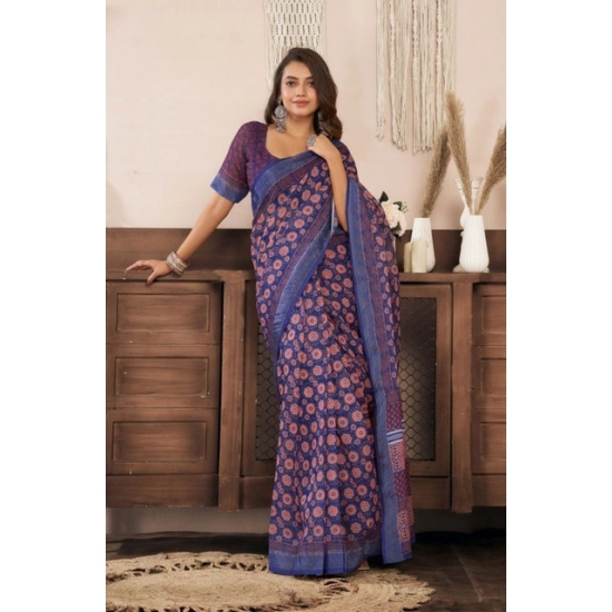 Generic Women's Faux Linen Floral Print Ready to wear Saree With Unstitched Blouse 5.5Mtr (Dark_NavyBlue)