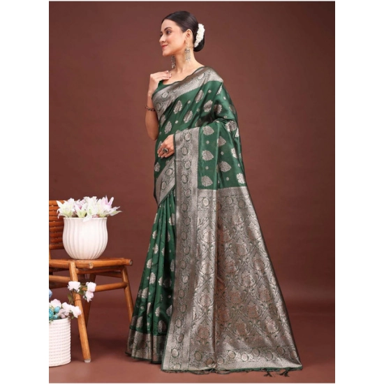 Generic Women's Banarasi Silk Printed Saree With Unstitched Blouse 5.5Mtr (Dark Green)