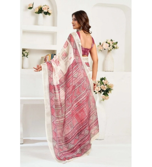 Generic Women's Linen Cotton Printed Ready To Wear Saree With Unstitched Blouse 5.5 Mtr (Off_White)