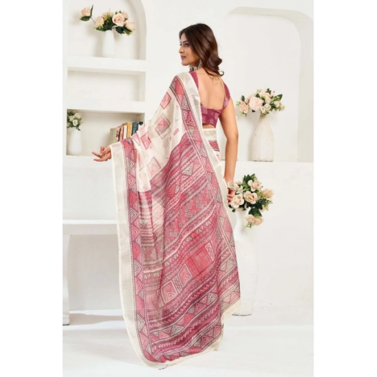 Generic Women's Linen Cotton Printed Ready To Wear Saree With Unstitched Blouse 5.5 Mtr (Off_White)