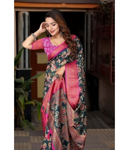 Generic Women's Cotton Silk Floral Printed Saree With Unstitched Blouse 5.5Mtr (Green-Pink)
