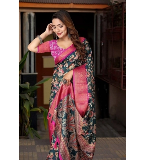 Generic Women's Cotton Silk Floral Printed Saree With Unstitched Blouse 5.5Mtr (Green-Pink)