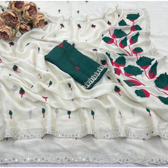 Generic Women's Georgette Embellished Saree With Unstitched Blouse 5.5Mtr (Cream-Green) Generic Women's Georgette Embellished Saree With Unstitched Blouse 5.5Mtr (Cream-Green)