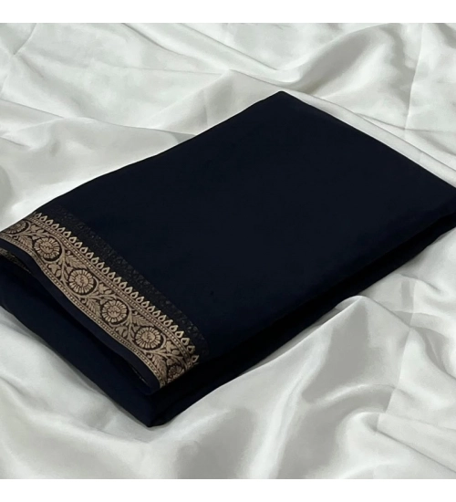 Generic Women's Crepe Chit Pallu Solid Saree With Unstitched Blouse 5.5Mtr (Black)