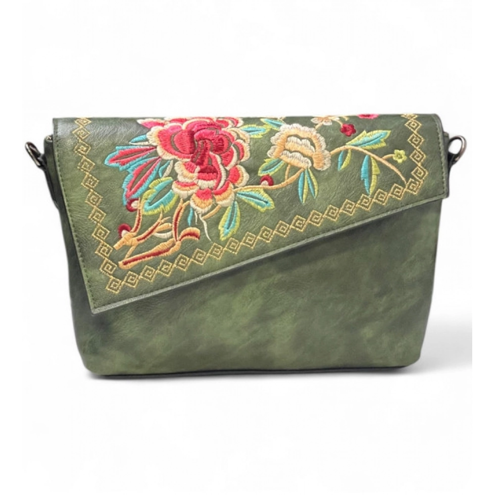 Generic Women's Polyurethane Floral Embroidered Crossbody Sling Bag with Adjustable & Removable Strap (Green)