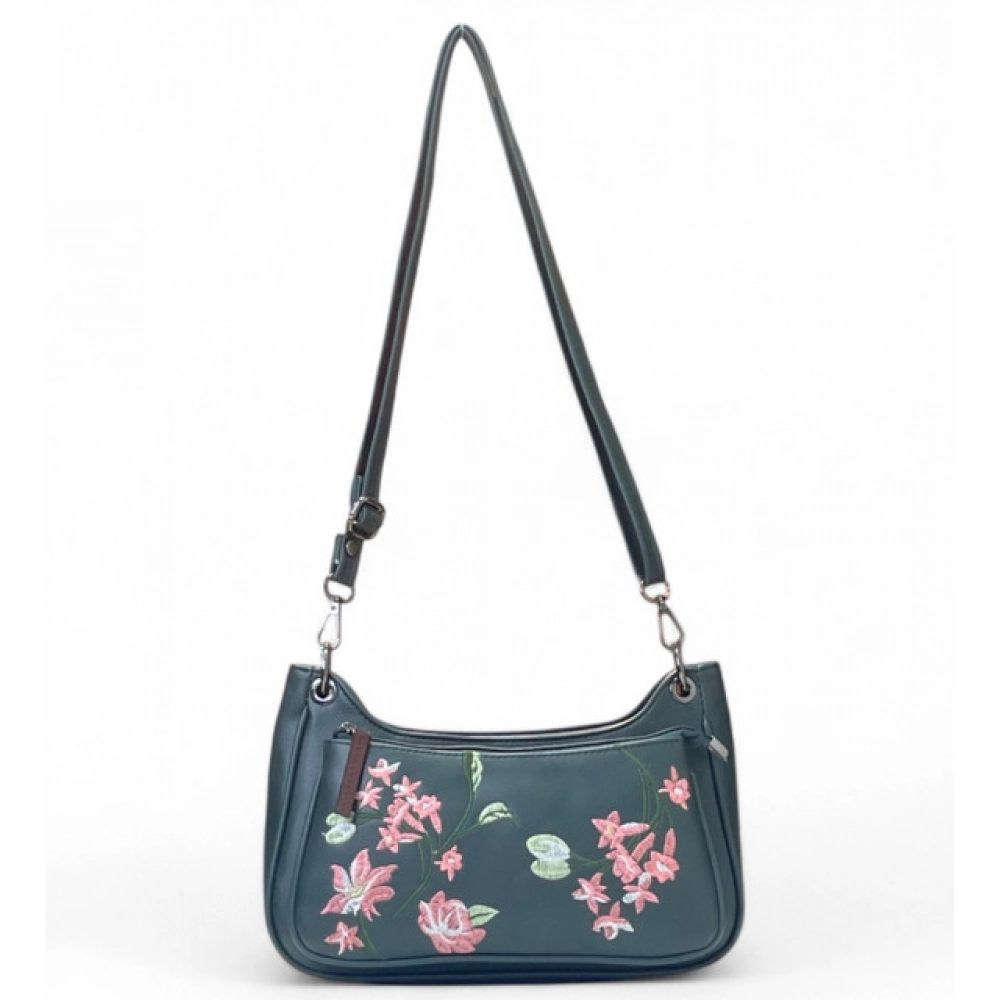 Generic Women's Polyurethane Floral Embroidered Crossbody Sling Bag with Adjustable & Removable Strap (Blue)