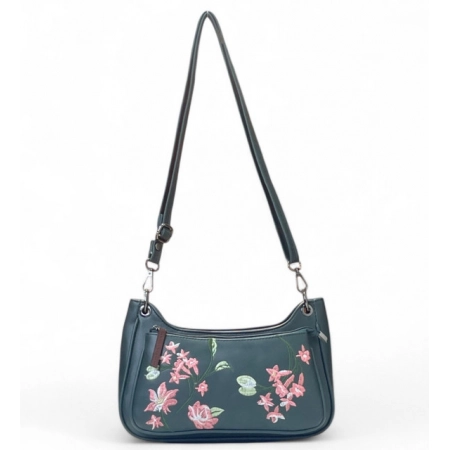Generic Women's Polyurethane Floral Embroidered Crossbody Sling Bag with Adjustable &amp; Removable Strap (Blue)