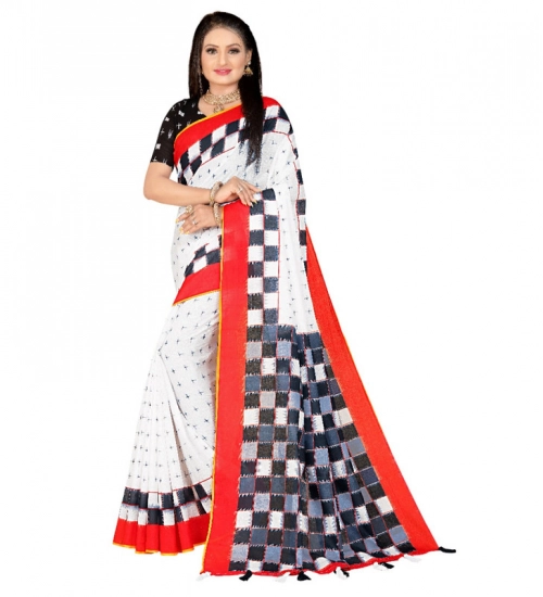 Generic Women's Soft Pure Cotton Printed Saree With Unstitched Blouse 5.5Mtr (White)