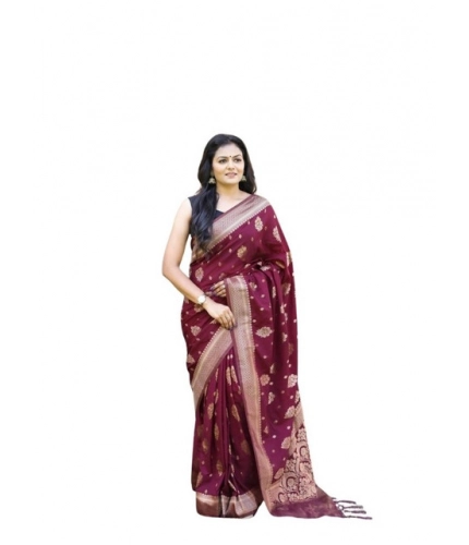 Generic Women's Soft Lichi Silk Printed Saree With Unstitched Blouse 5.5Mtr (Wine)