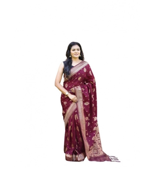 Generic Women's Soft Lichi Silk Printed Saree With Unstitched Blouse 5.5Mtr (Wine)