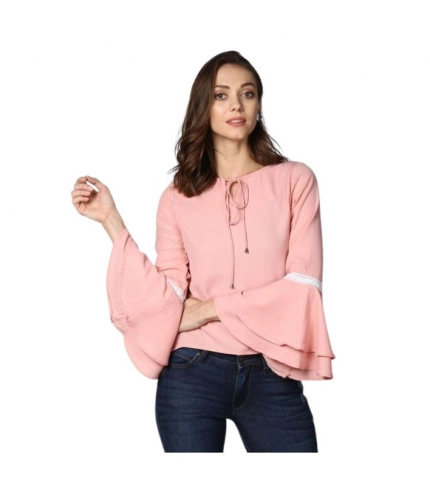 Generic Women's Polyester Solid Bell Sleeve Top (Pink)