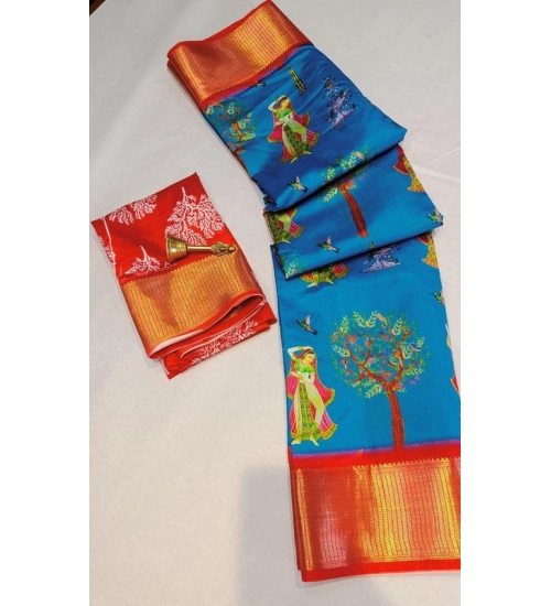 Generic Women's Digital Dolla Silk Printed Saree With Unstitched Blouse 5.5Mtr (Sky Blue)