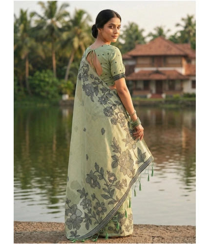 Generic Women's Linen Cotton Printed Saree With Unstitched Blouse 5.5Mtr (Light Green)