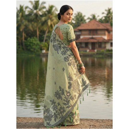 Generic Women's Linen Cotton Printed Saree With Unstitched Blouse 5.5Mtr (Light Green)
