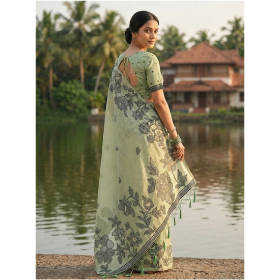 Generic Women's Linen Cotton Printed Saree With Unstitched Blouse 5.5Mtr (Light Green)