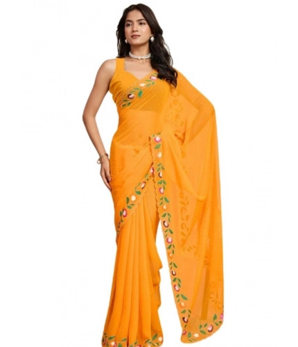 Generic Women's Georgette Printed Saree With Unstitched Blouse 5.5Mtr (Yellow)