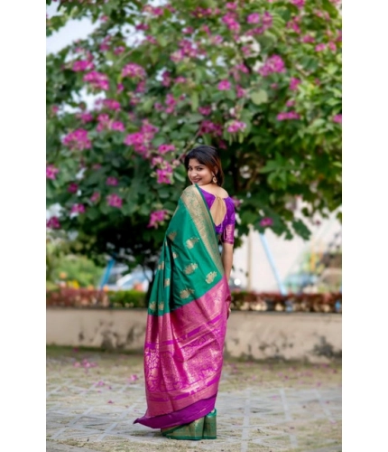 Generic Women's Katan_Silk Zari_Weaving Saree With Unstitched Blouse 5.5Mtr (Dark_Green)