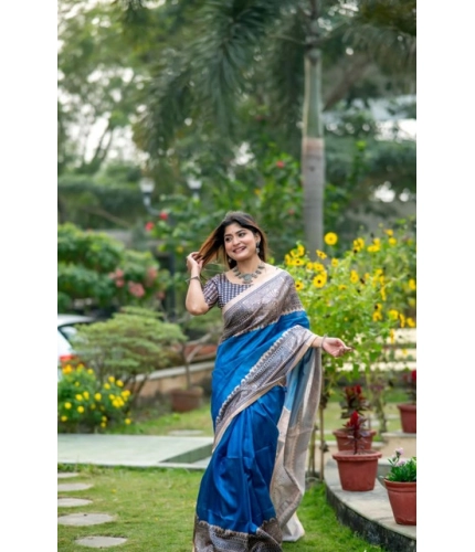 Generic Women's Faux_Tussar Geometric_Print Saree With Unstitched Blouse 5.5Mtr (Royal_Blue)