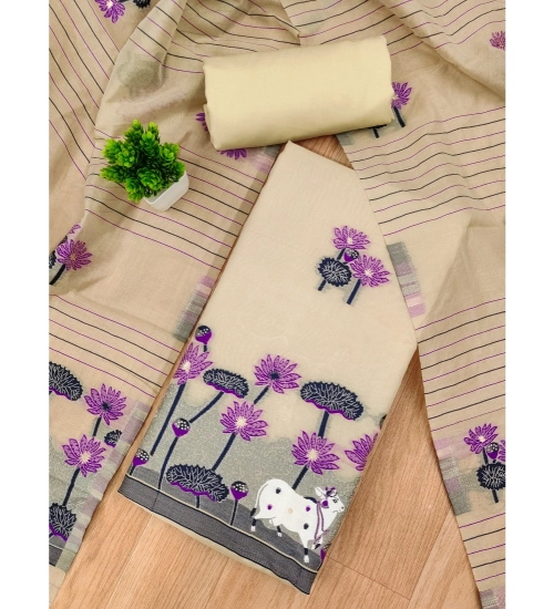 Generic Women's Banarasi Silk Printed Unstitched Salwar Suit Material With Dupatta (Cream, 3Mtrs)