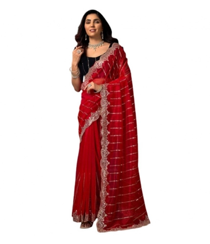 Generic Women's Net Sequence Saree With Unstitched Blouse 5.5Mtr (Red)