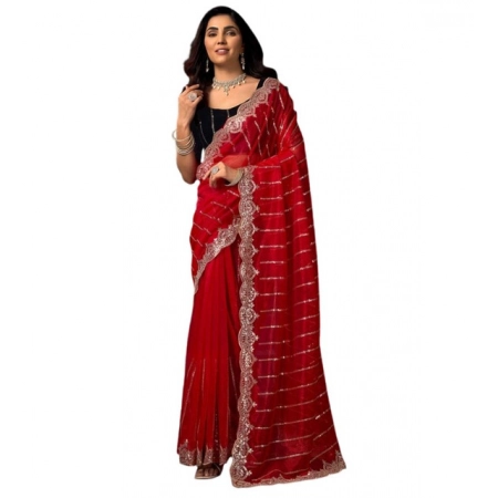 Generic Women's Net Sequence Saree With Unstitched Blouse 5.5Mtr (Red) Generic Women's Net Sequence Saree With Unstitched Blouse 5.5Mtr (Red)
